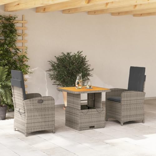 Iiaky 3-TLG. Garten-Essgruppe mit Kissen GartenmöBel Set Garden Furniture Gartenset Tisch Und StüHle Essgruppe Outdoor Grau Poly Rattan // 3277337 von Iiaky