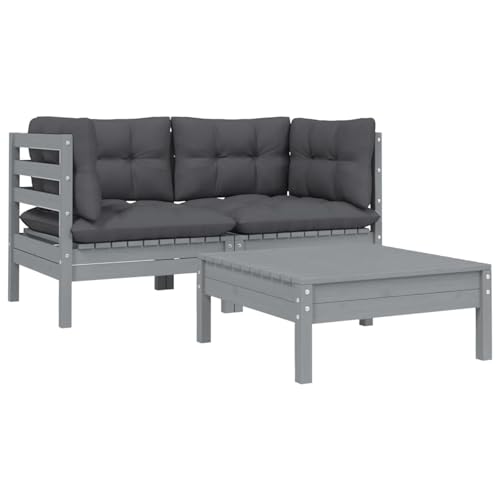 Iiaky 3-TLG. Garten-Lounge-Set mit Kissen Grau Kiefer Massivholz BalkonmöBel Kleiner Balkon Garten Sitzgruppe // 806678 von Iiaky
