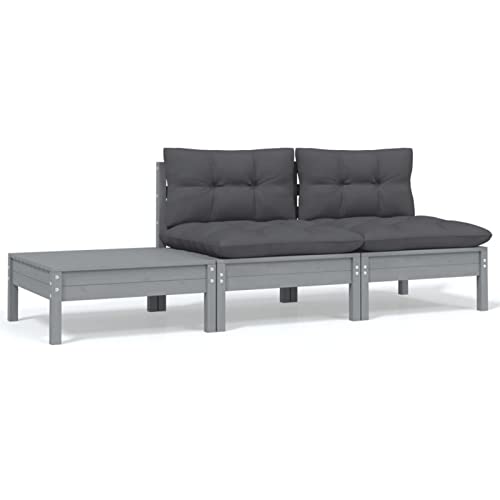 Iiaky 3-TLG. Garten-Lounge-Set mit Kissen Grau Kiefer Massivholz BalkonmöBel Kleiner Balkon Garten Sitzgruppe // 806684 von Iiaky