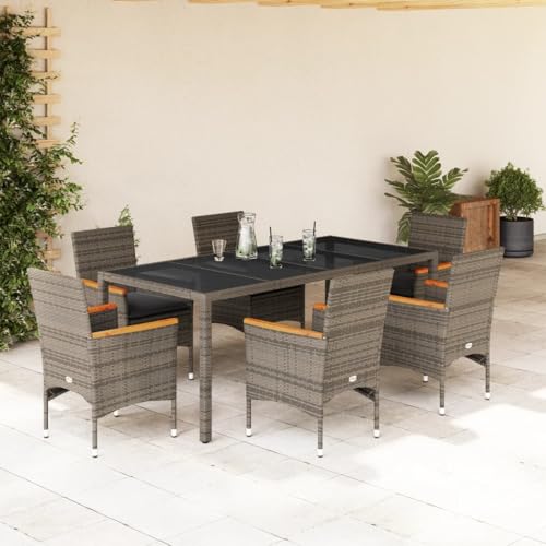 Iiaky 7-TLG. Garten-Essgruppe mit Kissen GartenmöBel TerrassenmöBel Garten Sitzgruppe Essgruppe Garten MöBel Set Grau Poly Rattan und Glas // 3278655 von Iiaky