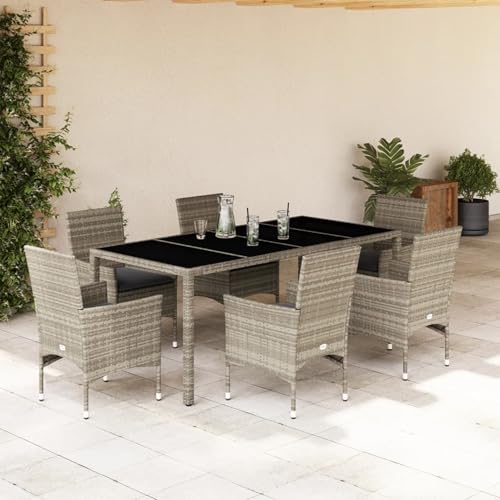 Iiaky 7-TLG. Garten-Essgruppe mit Kissen Gartenset Tisch Und StüHle GartenmöBel Set Garden Furniture Essgruppe Outdoor Hellgrau Poly Rattan & Glas // 3278577 von Iiaky