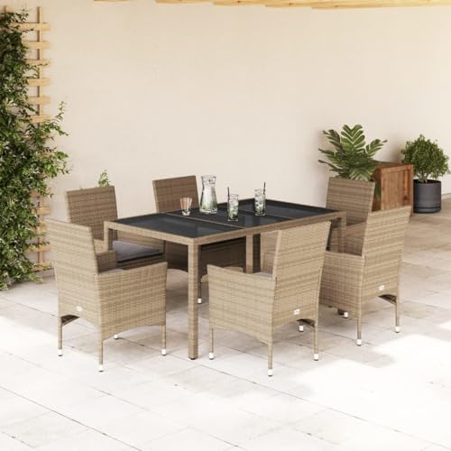 Iiaky 7-TLG. Garten-Essgruppe mit Kissen Sitzgruppe Outdoor TerrassenmöBel Terrassen-Sitzgruppe Garten-Essgruppe Beige Poly Rattan und Glas von Iiaky