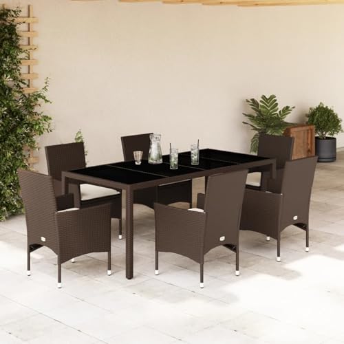 Iiaky 7-TLG. Garten-Essgruppe mit Kissen Sitzgruppe Outdoor TerrassenmöBel Terrassen-Sitzgruppe Garten-Essgruppe Braun Poly Rattan und Glas // 3278553 von Iiaky