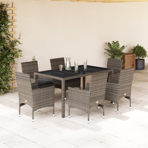 Iiaky 7-TLG. Garten-Essgruppe mit Kissen Sitzgruppe Outdoor TerrassenmöBel Terrassen-Sitzgruppe Garten-Essgruppe Grau Poly Rattan und Glas // 3278558 von Iiaky