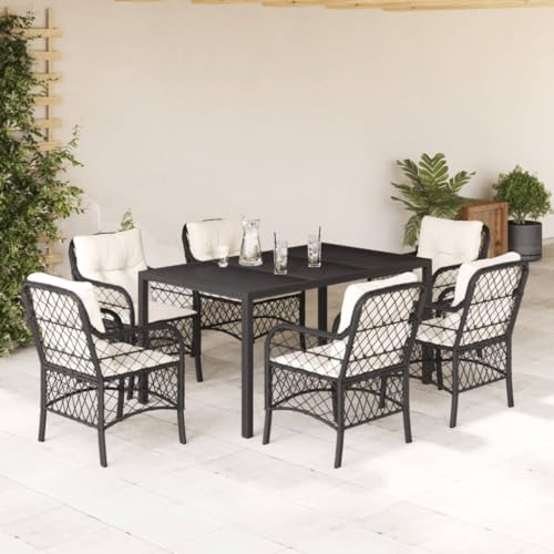 Iiaky 7-TLG. Garten-Essgruppe mit Kissen Sitzgruppe Outdoor TerrassenmöBel Terrassen-Sitzgruppe Garten-Essgruppe Schwarz Poly Rattan // 3212021 von Iiaky