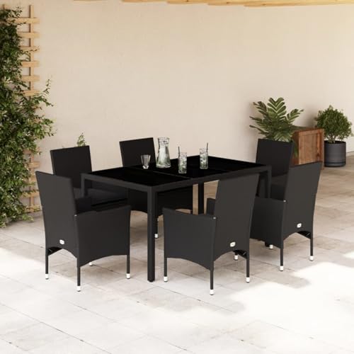 Iiaky 7-TLG. Garten-Essgruppe mit Kissen Sitzgruppe Outdoor TerrassenmöBel Terrassen-Sitzgruppe Garten-Essgruppe Schwarz Poly Rattan Glas // 3278546 von Iiaky
