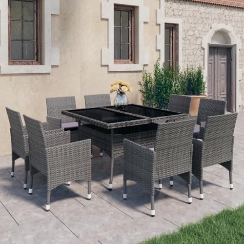 Iiaky 9-TLG. Garten-Essgruppe Sitzgruppe Outdoor Terrassen-Sitzgruppe Garten-Essgruppe TerrassenmöBel Poly Rattan und Glas Grau von Iiaky