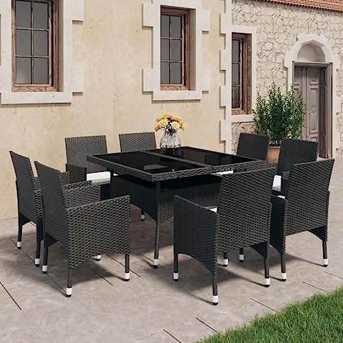 Iiaky 9-TLG. Garten-Essgruppe Sitzgruppe Outdoor Terrassen-Sitzgruppe Garten-Essgruppe TerrassenmöBel Poly Rattan und Glas Schwarz von Iiaky
