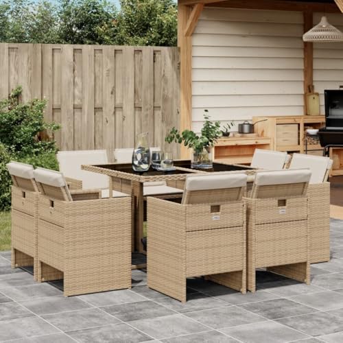 Iiaky 9-TLG. Garten-Essgruppe mit Kissen Gartenset Tisch Und StüHle GartenmöBel Set Garden Furniture Essgruppe Outdoor Beige Poly Rattan // 3277785 von Iiaky