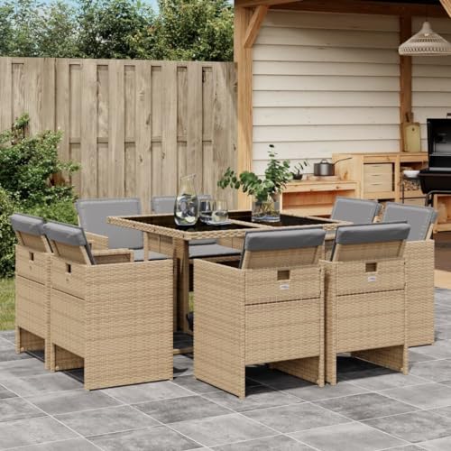 Iiaky 9-TLG. Garten-Essgruppe mit Kissen Gartenset Tisch Und StüHle GartenmöBel Set Garden Furniture Essgruppe Outdoor Beigemischung Poly Rattan // 3277787 von Iiaky
