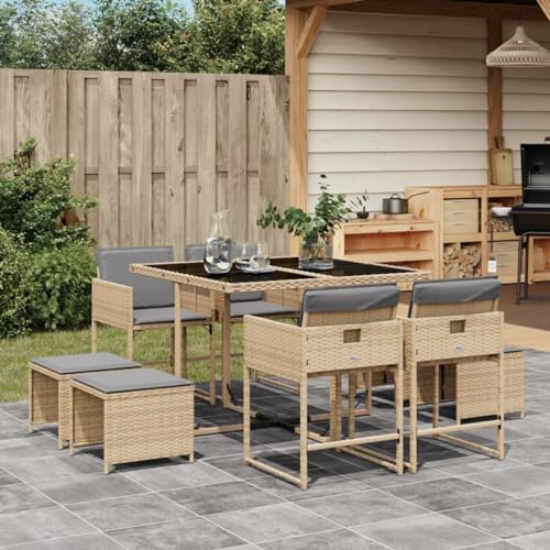 Iiaky 9-TLG. Garten-Essgruppe mit Kissen Gartenset Tisch Und StüHle GartenmöBel Set Garden Furniture Essgruppe Outdoor Beigemischung Poly Rattan // 3278087 von Iiaky
