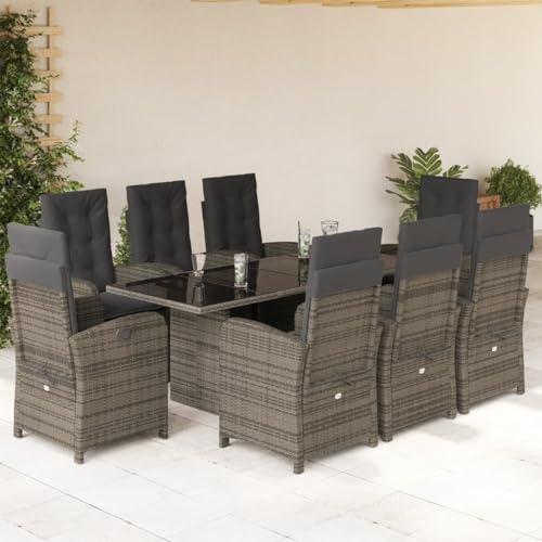 Iiaky 9-TLG. Garten-Essgruppe mit Kissen Gartenset Tisch Und StüHle GartenmöBel Set Garden Furniture Essgruppe Outdoor Grau Poly Rattan // 3212258 von Iiaky