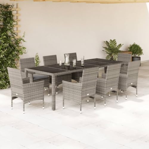 Iiaky 9-TLG. Garten-Essgruppe mit Kissen Gartenset Tisch Und StüHle GartenmöBel Set Garden Furniture Essgruppe Outdoor Grau Poly Rattan und Glas von Iiaky