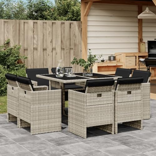 Iiaky 9-TLG. Garten-Essgruppe mit Kissen Gartenset Tisch Und StüHle GartenmöBel Set Garden Furniture Essgruppe Outdoor Hellgrau Poly Rattan // 3277786 von Iiaky