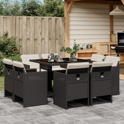 Iiaky 9-TLG. Garten-Essgruppe mit Kissen Gartenset Tisch Und StüHle GartenmöBel Set Garden Furniture Essgruppe Outdoor Schwarz Poly Rattan // 3277781 von Iiaky