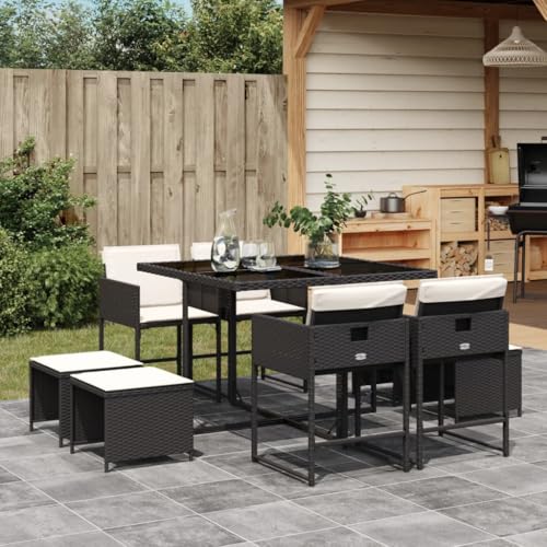 Iiaky 9-TLG. Garten-Essgruppe mit Kissen Gartenset Tisch Und StüHle GartenmöBel Set Garden Furniture Essgruppe Outdoor Schwarz Poly Rattan // 3278081 von Iiaky