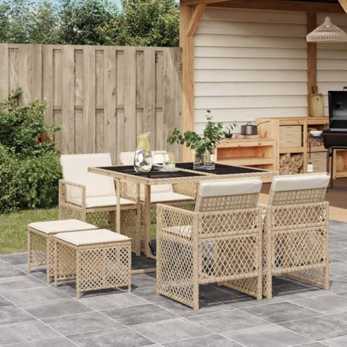 Iiaky 9-TLG. Garten-Essgruppe mit Kissen Sitzgruppe Outdoor TerrassenmöBel Terrassen-Sitzgruppe Garten-Essgruppe Beige Poly Rattan // 3210778 von Iiaky