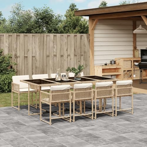 Iiaky 9-TLG. Garten-Essgruppe mit Kissen Sitzgruppe Outdoor TerrassenmöBel Terrassen-Sitzgruppe Garten-Essgruppe Beige Poly Rattan // 3211462 von Iiaky