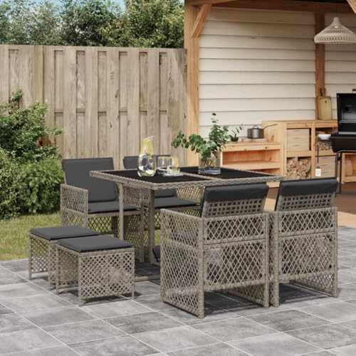 Iiaky 9-TLG. Garten-Essgruppe mit Kissen Sitzgruppe Outdoor TerrassenmöBel Terrassen-Sitzgruppe Garten-Essgruppe Grau Poly Rattan // 3210776 von Iiaky