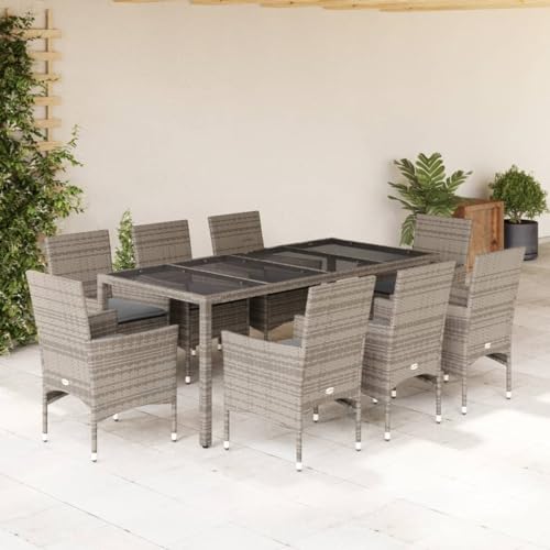 Iiaky 9-TLG. Garten-Essgruppe mit Kissen Sitzgruppe Outdoor TerrassenmöBel Terrassen-Sitzgruppe Garten-Essgruppe Grau Poly Rattan und Glas von Iiaky