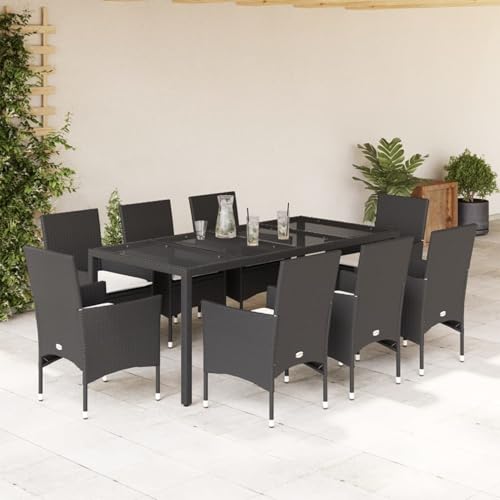 Iiaky 9-TLG. Garten-Essgruppe mit Kissen Sitzgruppe Outdoor TerrassenmöBel Terrassen-Sitzgruppe Garten-Essgruppe Schwarz Poly Rattan und Glas von Iiaky