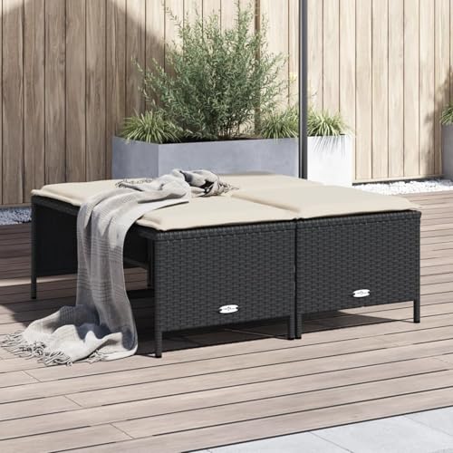 Iiaky Gartenhocker mit Kissen Hocker Outdoor Garten Hocker FüR Draussen Sitzhocker Outdoor 4 STK. Schwarz Poly Rattan // 368362 von Iiaky