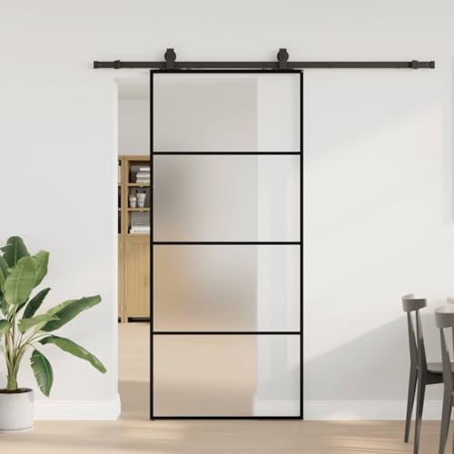 Iiaky Glasschiebetür Komplettset mit tür Schiebetür mit Beschlag Glastür Sicherheitsglas Zimmertür ESG Glas-Mattiert-90 x 205 cm (200 cm Gleitschiene) von Iiaky