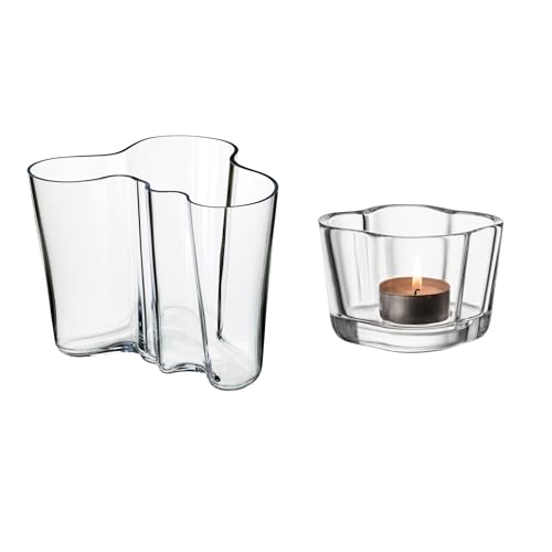 Iittala Set bestehend aus einem Windlicht 60mm klar + Einer Vase 160mm klar, aus Glas hergestellt, Set 1007041+1051192 von Iittala