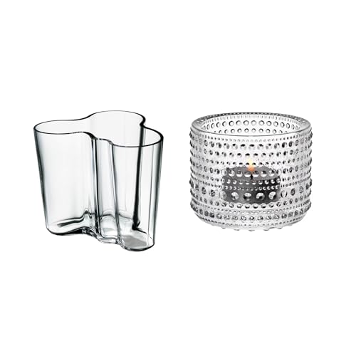 Iittala Set bestehend aus einem Windlicht 64mm klar + Einer Vase 95mm klar, aus Glas hergestellt, Set 1007037+1007578 von Iittala