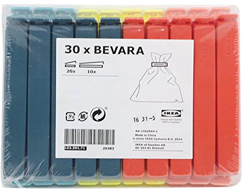 IKEA Bevara 103.391.71 Bag Clips Pack of 30 20 x 5 cm and 10 x 10 cm Mixed Colours von Ikea