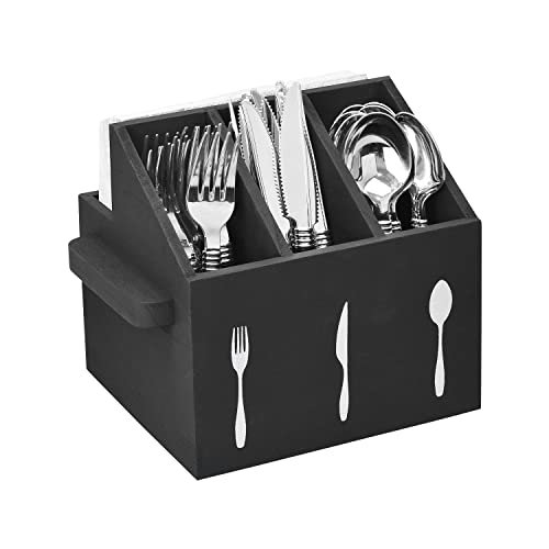 Ikee Design Utensilienbehälter aus Holz mit Griffen, Besteckhalter, Besteckhalter für Arbeitsplatte, Party, Camping und Küche, Organizer, Picknick-Besteckhalter, Schwarz von Ikee Design