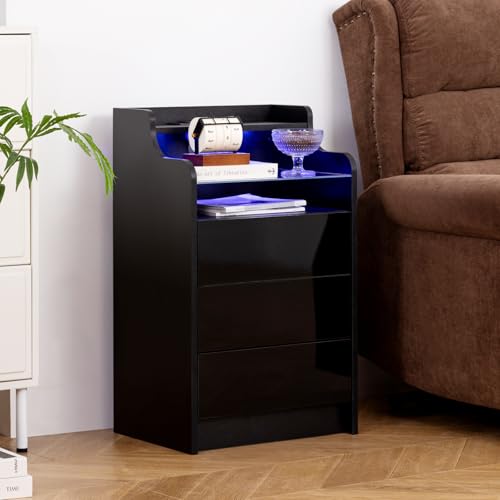 Ikewaier LED Nachttisch Schwarz, Hochglanz Nachtschrank mit 3 Schubladen, Moderner Beistelltisch mit LadeStation (2 Steckdosen + 2 USB-Anschlüsse) für Wohnzimmer, Schlafzimmer & Arbeitszimmer von Ikewaier