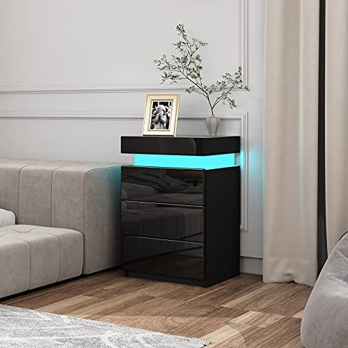 Ikewaier Moderner Hochglanz Nachttisch Schrank Kommode mit 3 Schubladen Schlafzimmer Beistelltisch Nachttisch mit 16 Farben RGB LED Lichter Möbel Dekoration 45x35x67cm (Schwarz) von Ikewaier