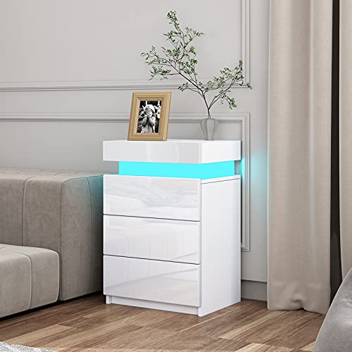 Ikewaier Moderner Hochglanz Nachttisch Schrank Kommode mit 3 Schubladen Schlafzimmer Beistelltisch Nachttisch mit 16 Farben RGB LED Lichter Möbel Dekoration 45x35x67cm (Weiß) von Ikewaier