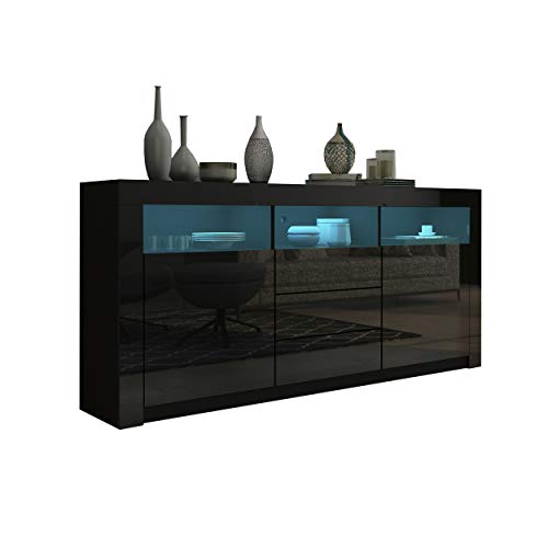 Ikewaier Moderner Sideboard Schrank Kommode in Front Hochglanz 2 Türen 3 Schubladen Esszimmer Küche Buffet Küchenschrank mit LED Streifen 160cm (Schwarz) von Ikewaier