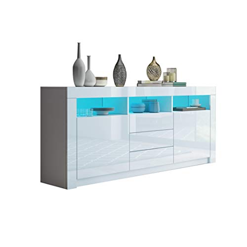 Ikewaier Moderner Sideboard Schrank Kommode in Front Hochglanz 2 Türen 3 Schubladen Esszimmer Küche Buffet Küchenschrank mit LED Streifen 160cm (Weiß) von Ikewaier