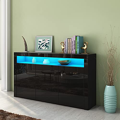 Ikewaier Sideboard Anrichte mit 3 Türen Hochglanz Front Anrichte Schrank Küche Lagerung Beistellschrank Fernsehtisch mit LED-Beleuchtung für Esszimmer Wohnzimmer Schwarz 152cm von Ikewaier