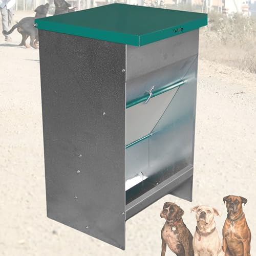 IKLOB® Hundefutterautomat 42 L (+17-19 KG) aus verzinktem Stahl – wetterfest & nagetiersicher | Outdoor/Indoor Trockenfutterstation für große Hunde + Futterschaufel von Iklob