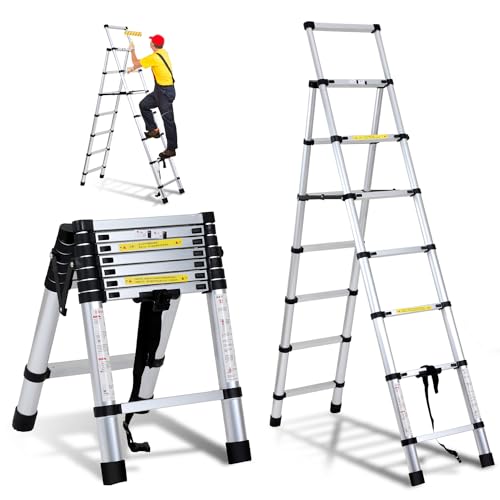 Ikodm 2.0m+2.3m Aluminium Teleskopleiter Klappleiter A-Rahmen 6 + 7 Stufen, Ausziehleiter für Dachreparaturen, gefaltete Größe 69cm, 150 kg Tragfähigkeit von Ikodm