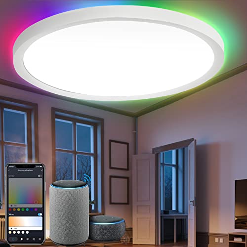 Ikodm 24W 2040LM Alexa Lampe Deckenlampe Deckenleuchte Smart Dimmbar Kompatibel mit Alexa & Google 2700K-6500K, Farbwechsel Flach Schlafzimmer Lampe, IP44 für Kinderzimmer Badezimmer, (GOL-8036-M1c) von Ikodm