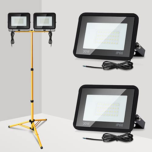 Ikodm 2er 30W LED Baustrahler Warmweiß + Stativ Flutlicht, 3000K 2550LM LED FluterArbeitsscheinwerfer Wasserdicht IP66 für Innen-und Außenbereich Sportplatz, Platz(mit 1m Kabel, kein Stecker) von Ikodm