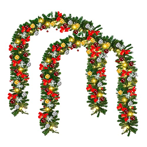 Ikodm 2er 5m Weihnachtsgirlande mit Beleuchtung, Künstlich Tannengirlande mit 100 LEDs Warmweiß Weihnachtskranz inkl. Deko, 8 Modus Lichterkette Weihnachtsdeko für Innen und Außen von Ikodm