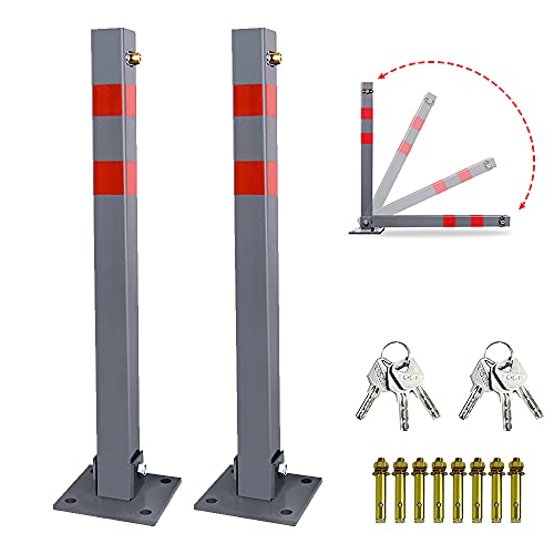 Ikodm 2x Parkpfosten klappbar Absperrpfosten mit 3 Schlüssel, Stahl Parkplatzsperre Parkplatzsperren mit Reflexstreifen, Robust Standfuß Sperrpfosten Set von Ikodm
