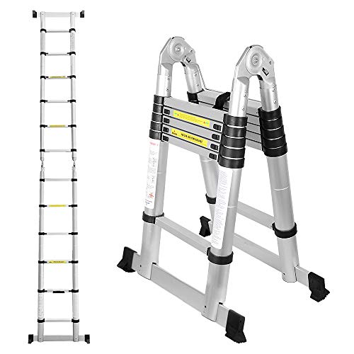 Ikodm 3.8M (1.9+1.9M) Teleskopleiter Klappleiter Aluminium, Ausziehbare Robust Stehleiter, Rutschfester Mehrzweckleiter, 150kg Belastbarkeit von Ikodm