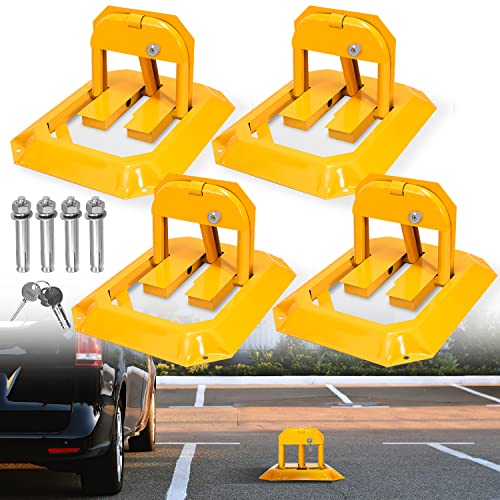 Ikodm 4 Stück Parkplatzsperre Klappbar Parkpfosten Absperrpfosten mit 12 Schlüssel, Verdickte Bogenwinkel Rolldesign, Schlagfestigkeit, Gelb von Ikodm