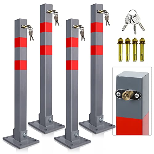 Ikodm 4 Stück Parkplatzsperre Klappbar Parkpfosten Absperrpfosten mit 12 Schlüssel mit Warnstreifen von Ikodm