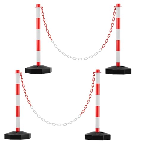 Ikodm 4X Absperrpfosten, Kettenpfosten von 1,4 m Kunststoff Absperrketten Rot und Weiß, Poller Standfuß fasst 3,5 kg Wasser und Sand, Sperrpfosten für Parkplatz, Garage, Auffahrt, dem Tor von Ikodm