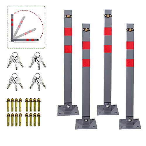 Ikodm 4x Parkpfosten klappbar Absperrpfosten mit 3 Schlüssel, Stahl Parkplatzsperre Parkplatzsperren mit Reflexstreifen, Robust Standfuß Sperrpfosten Set von Ikodm