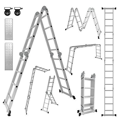 Ikodm 4x4 Stufen Mehrzweckleiter 4,7 m 7 in 1 Aluminium Multifunktionsleiter bis 150 kg mit 2 Transport Rollen und 2 Plattform, Gelenkleiter Klappleiter Stehleiter Aluleiter von Ikodm