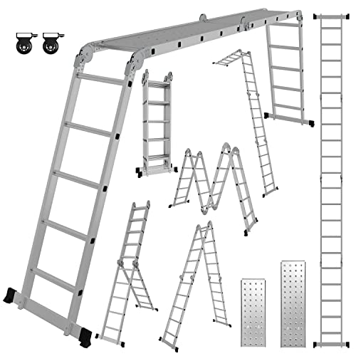 Ikodm 4x5 Stufen Mehrzweckleiter 5,82 m 7 in 1 Aluminium Multifunktionsleiter bis 150 kg mit 2 Transport Rollen und 2 Plattform, Gelenkleiter Klappleiter Stehleiter Aluleiter von Ikodm